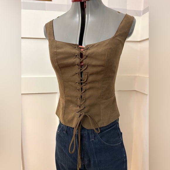 Scarlet Darkness Tops - Stylish Lace-Up Tan Corset Blouse Size Small